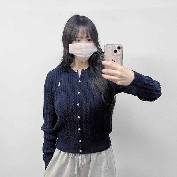 폴로 랄프로렌 포니 로고 케이블 라운드 가디건 네이비