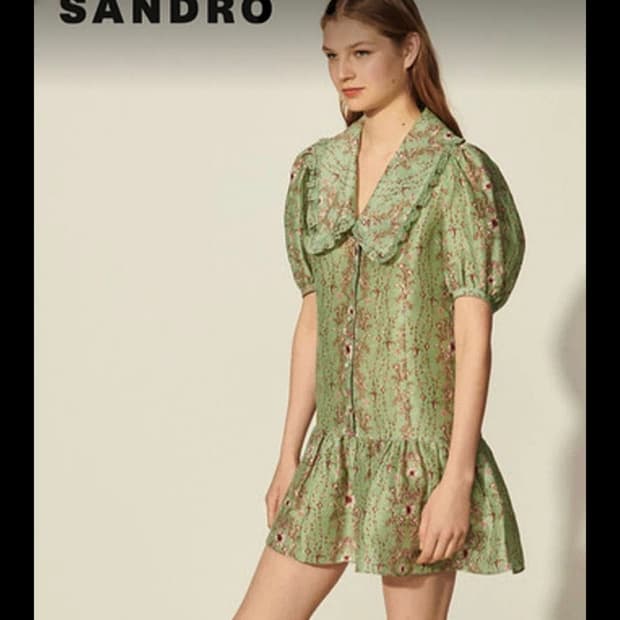 (38사이즈)SANDRO 산드로 민트 플라워 빅카라 원피스