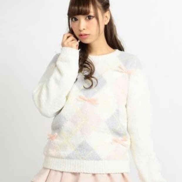 리즈리사 딸기우유 핑크 리본 아가일 니트