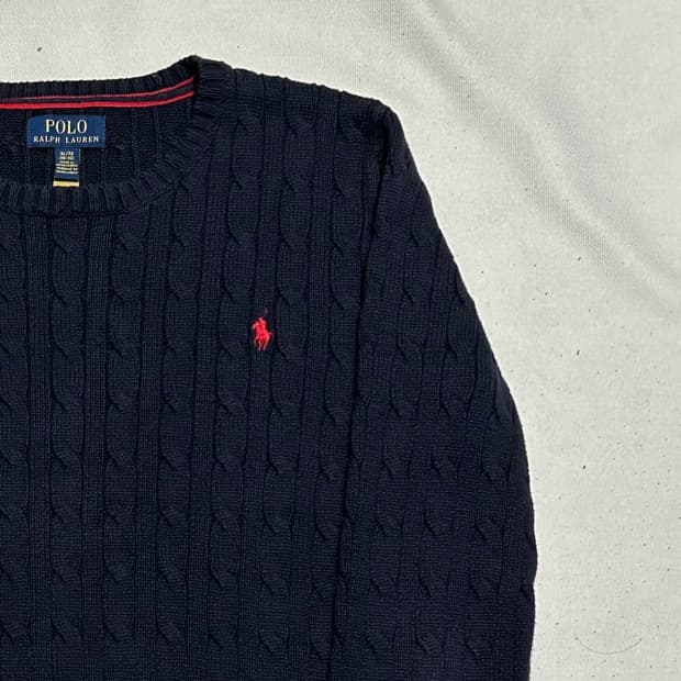 XL 폴로랄프로렌 레드 포니 여성용 네이비 케이블 니트