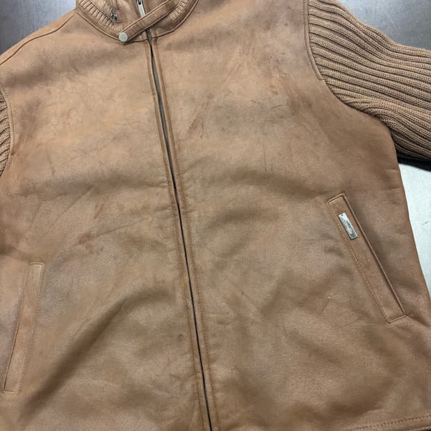 크로커다일 브라운 가죽 니트 배색 점퍼