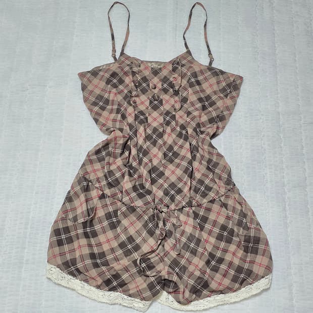 모리걸st 초코라떼갸루 체크레이스 브라운 롬퍼 점프슈트