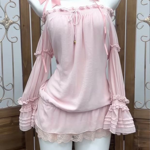 세실맥비 히메갸루 핑크 딸기우유 오프숄더 레이스 블라우스 로걀탑 빈티지