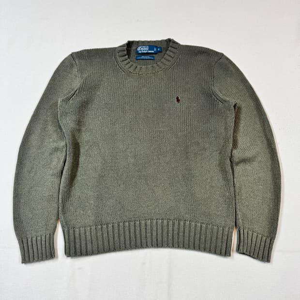 S) 폴로 랄프로렌 올리브 그린 헤비코튼 라운드넥 니트