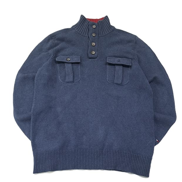 CL047 타미힐피거 울혼방 밀리터리 엘보패치 네이비 목넥 니트 스웨터