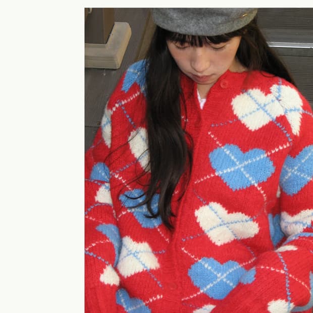 론론 하트 아가일 가디건 레드