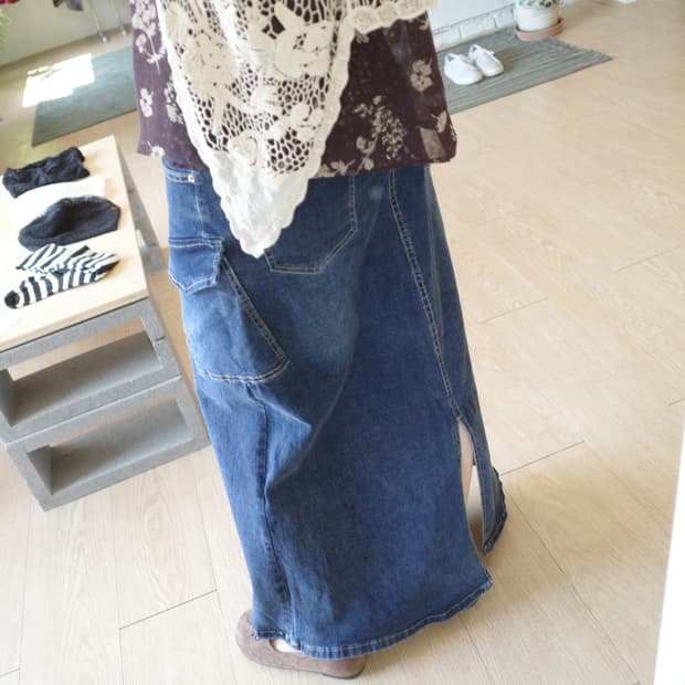 cargo denim long skirt