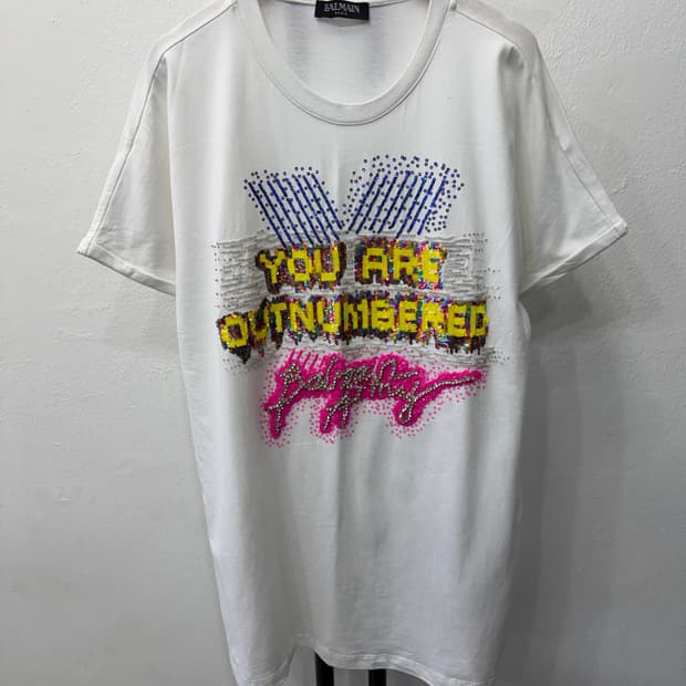 정품) 발망 여성 비즈 큐빅 로고 롱 반팔티 40(66-77)