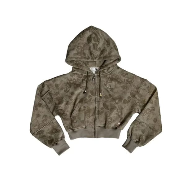 뉴얼린 플라워 비즈 엠블럼 후드집업 카키브라운