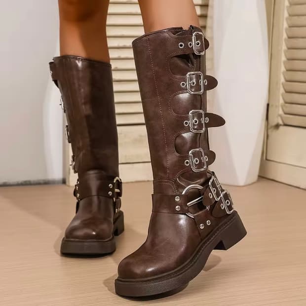브라운 가죽 버클 롱부츠 245 니혼진 갸루 웨스턴 오리앤탈 오네