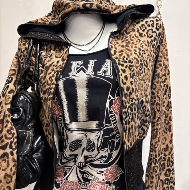 레오파드 패턴 골지 글리터 크롭 후드집업 갸루 y2k