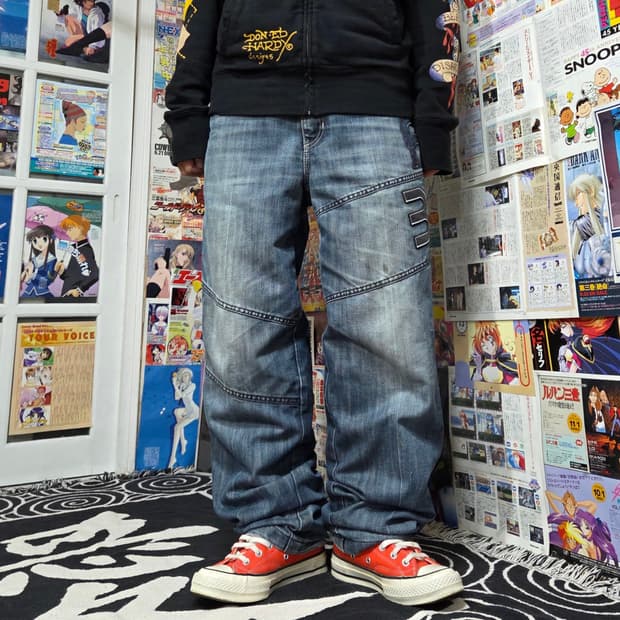 후부 올드스쿨 자수패치 중청 데님 팬츠
