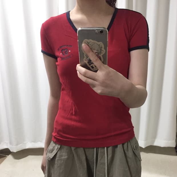 폴로 진스 컴퍼니 레드 브이넥 링거 반팔 티