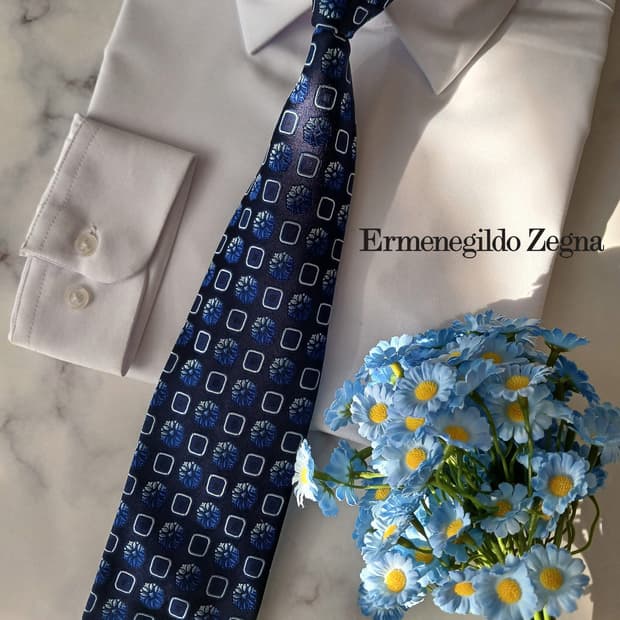 제냐 실크 블루 플라워 패턴 넥타이 8.9cm A+등급 A19274
