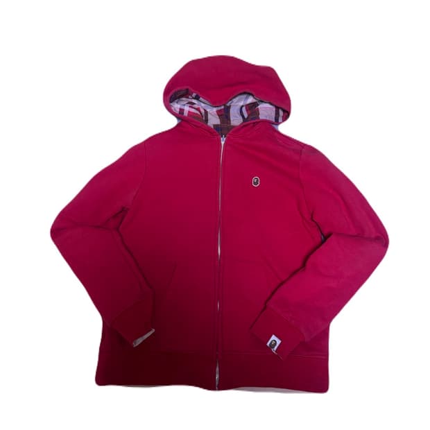 베이프 체크 레드 리버시블 후드집업