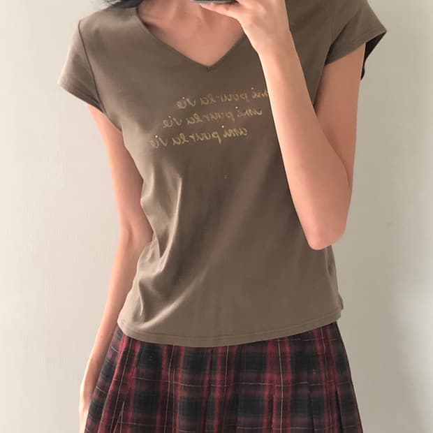 일본빈티지 카키 브이넥 숏반팔
