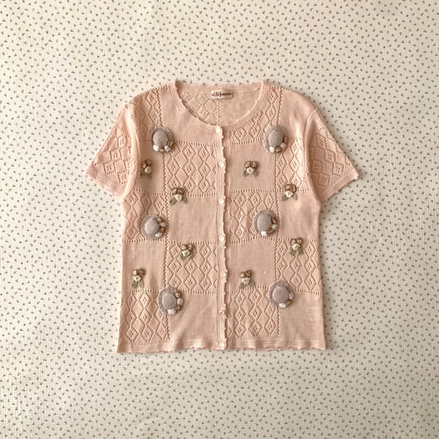 플라워 모티브 연핑크 니트 가디건