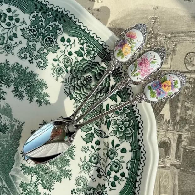 일본 빈티지 스텐  포셀린장식 티스푼세트