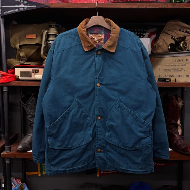 80s USA 헤비 캔버스 체크 라이닝 워크 헌팅 초어 자켓 청록