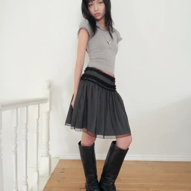 (구해요) 루즈슬립오버 바닐라 도트 레이스 스커트 블랙