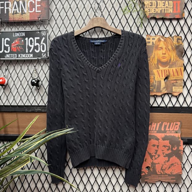 폴로 랄프로렌 케이블 니트 퍼플 포니 포인트 블랙