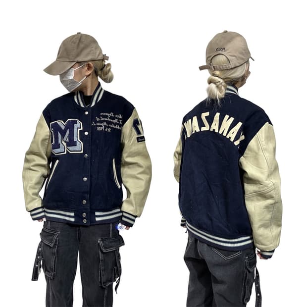 일본 빈티지 블랙 자수 가죽 레더 바시티 스타디움 자켓 