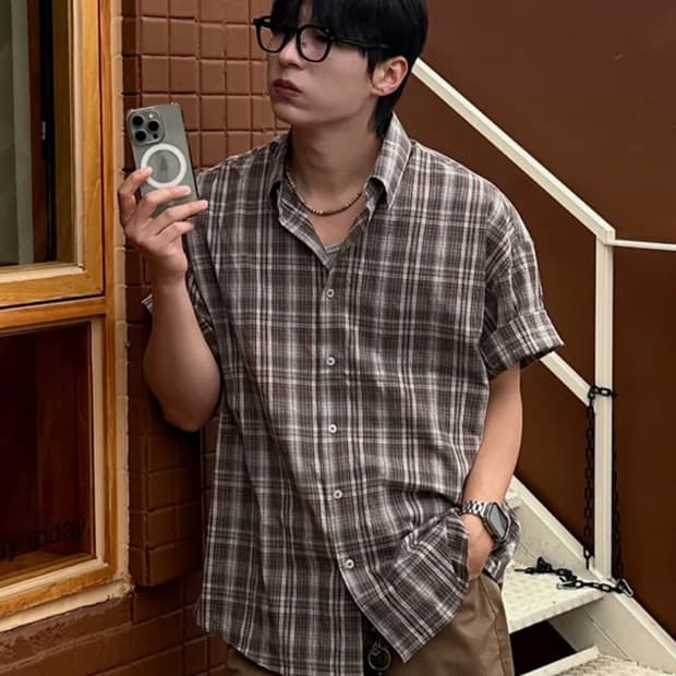 르아르 링클 시어서커 체크 반팔 셔츠 L