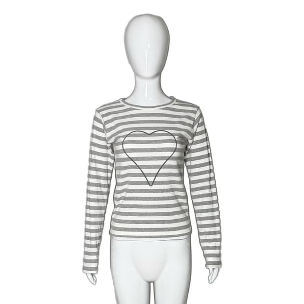 Heart Tee, 그레이 스트라이프 티셔츠