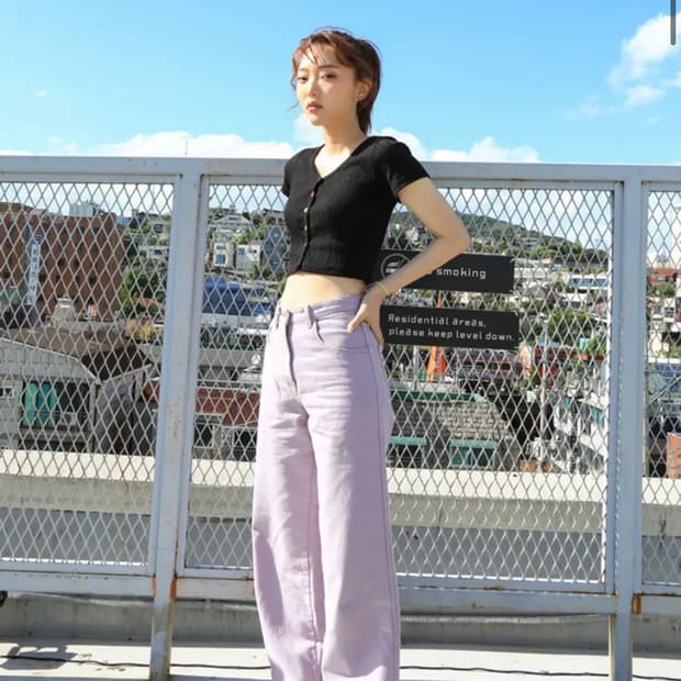 하이스쿨디스코 퍼플 컬러 스티치 와이드 데님팬츠 바지 M