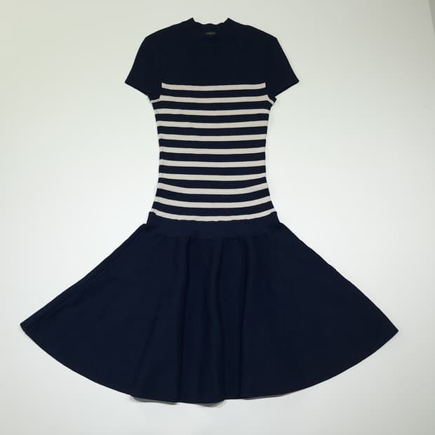 CL993 S 폴로 리브니트 스트라이프 네이비 원피스