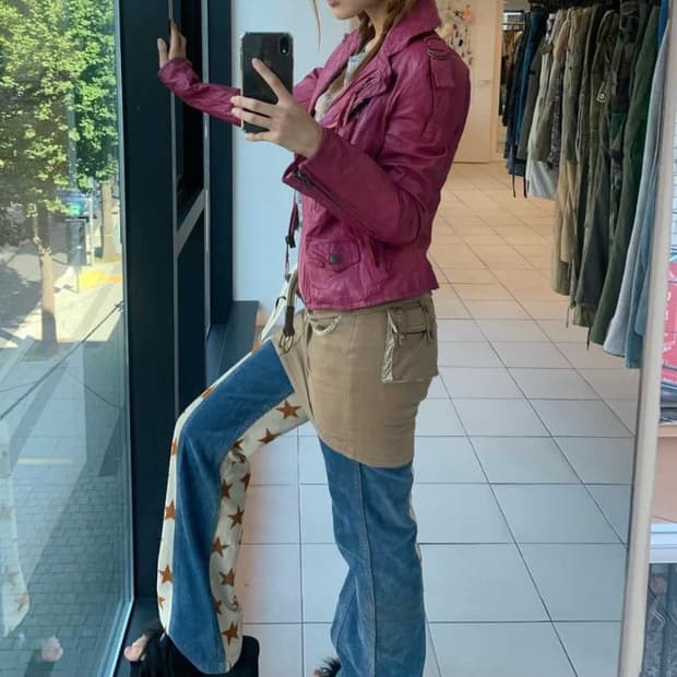 (세트판매)피조물 빈티지 핑크 레더 자켓 스커트 히스테릭글래머 데님 팬츠