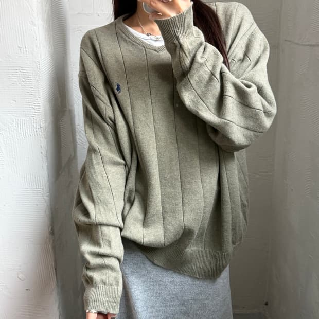 Polo 폴로 랄프로렌 코튼 카키 절개라인 코튼 니트