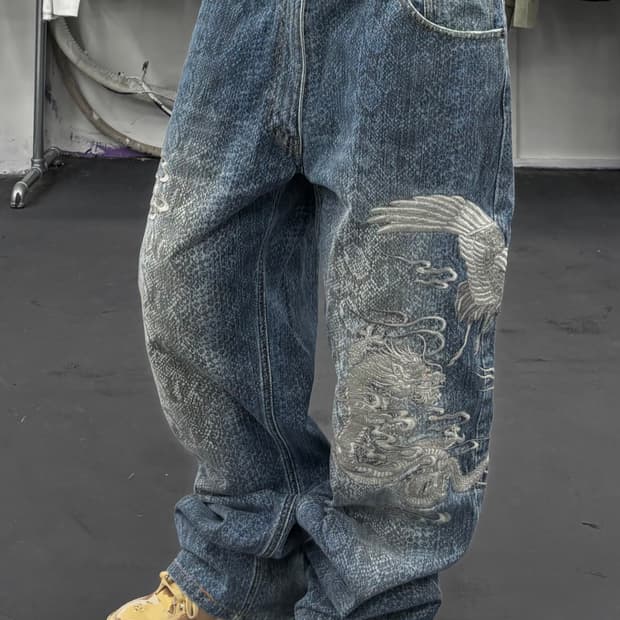 카라쿠리 오리엔탈 뱀피 드래곤 데님팬츠