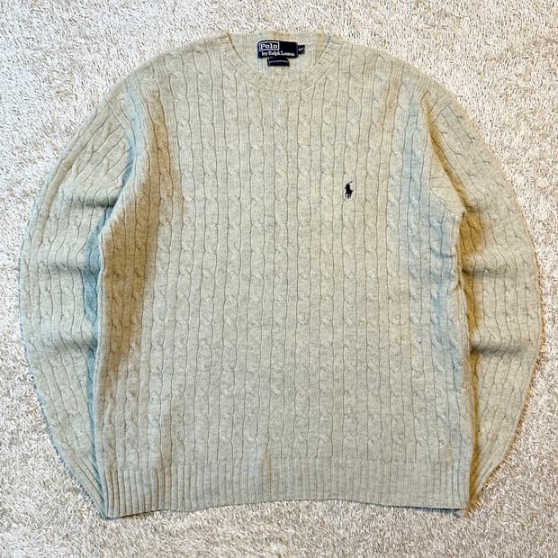 폴로 랄프로렌 네이비포니 케이블 램스울 꽈배기 니트 그레이