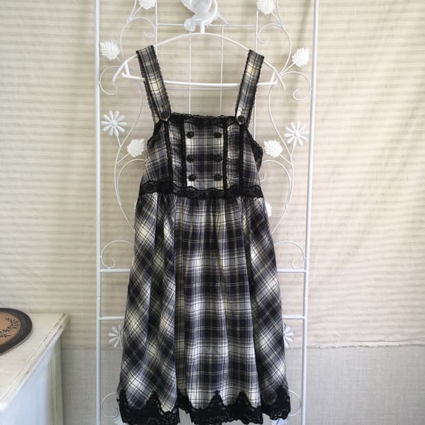 jpn vintage 네이비 체크 블랙 레이스 나시 원피스 y2k 스트릿