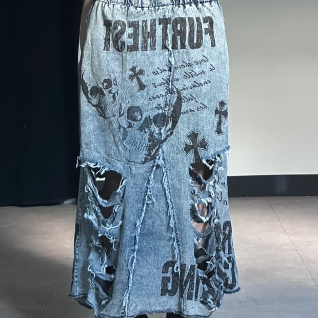 skull printing damage denim sk