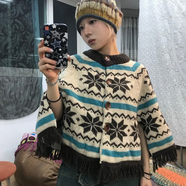 빈티지 에스닉 니트 판쵸 가디건 