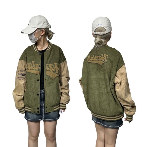 일본 빈티지 모카 카키 자수 바시티 스타디움 자켓 M