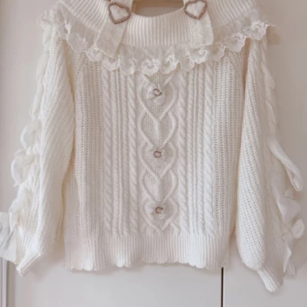 리즈리사 하트큐빅니트 크림아이보리 리본 소매 일브 달천깔