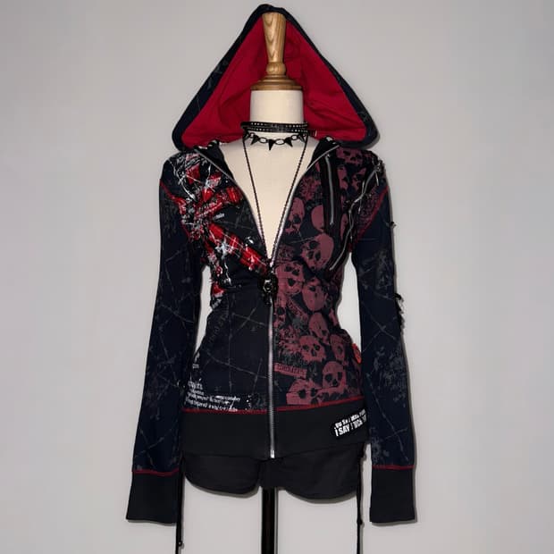 매드펑크 레드블랙 펑크 해골 후드집업