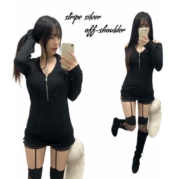 [LA*BUS] 오네갸루 실버 스트라이프 오프숄더 롱슬리브