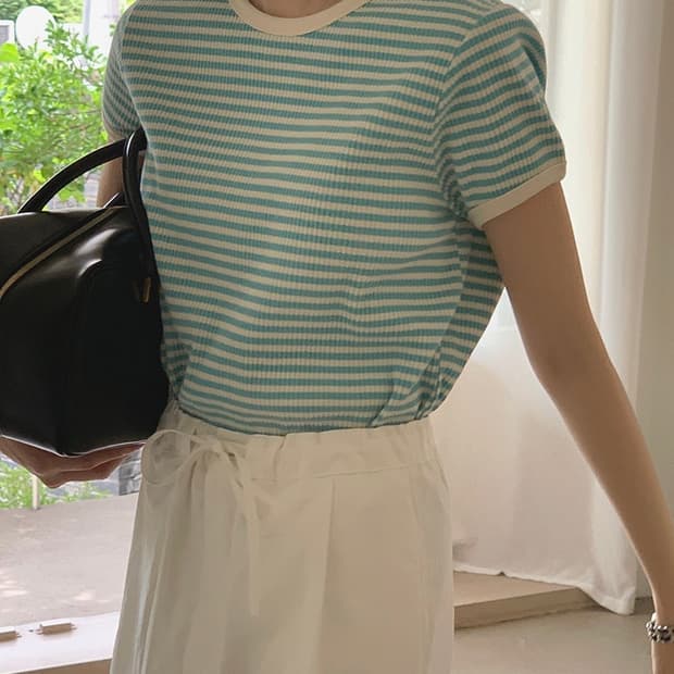메이비베이비 Capri 티셔츠 스카이블루 반팔 스트라이프 링거티 카프리