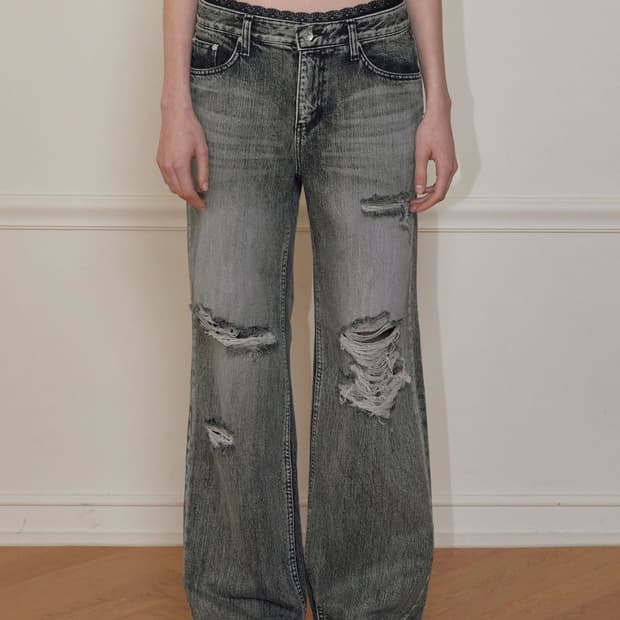 [새상품] 보헤미안서울 보헴서 하이라이트 데미지 와이드 팬츠 그레이