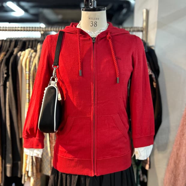 Burberry Red Logo Knit Zip-Up Hoodie