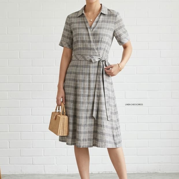 [66]BCBG 린넨 체크 원피스