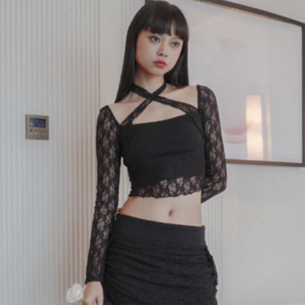 dryrose) X FLOWER LACE TOP (BK)