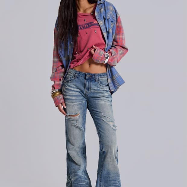 Mid Blue Distressed Creased Drift Flared