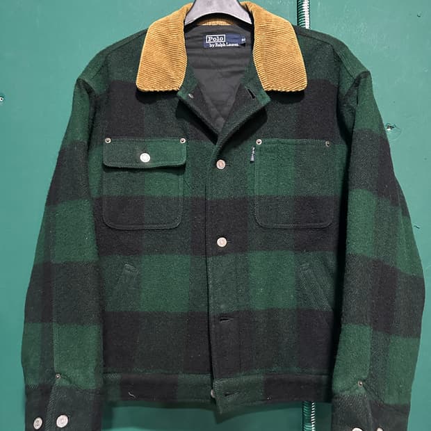 90s 폴로 덩가리 그린체크 코듀로이카라100-105