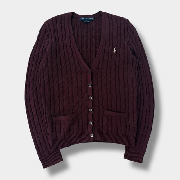 폴로 랄프로렌 딥버건디 코튼 꽈배기 니트 가디건