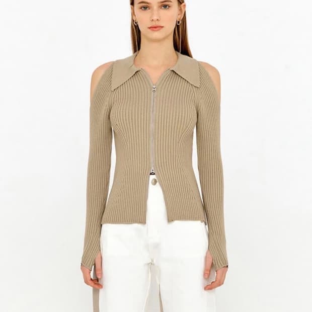 Shoulder cut out two way zip-up knit top